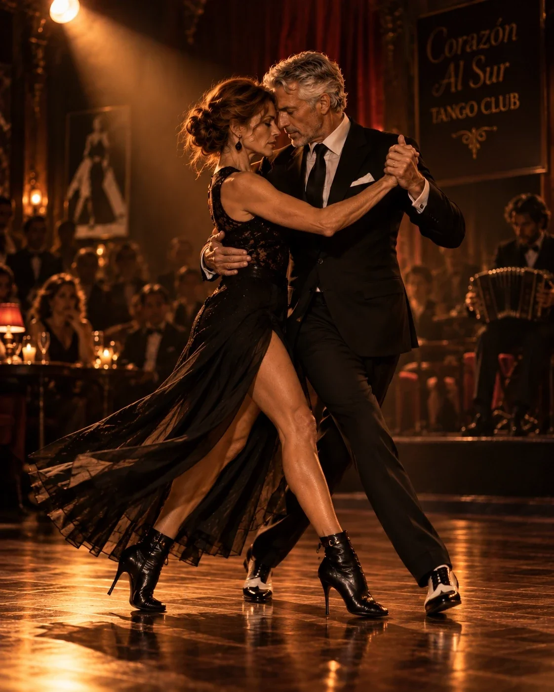 Een elegant danspaar voert vloeiende loopstappen van de Caminata uit tijdens een Argentijnse tango, in een innige omhelzing.