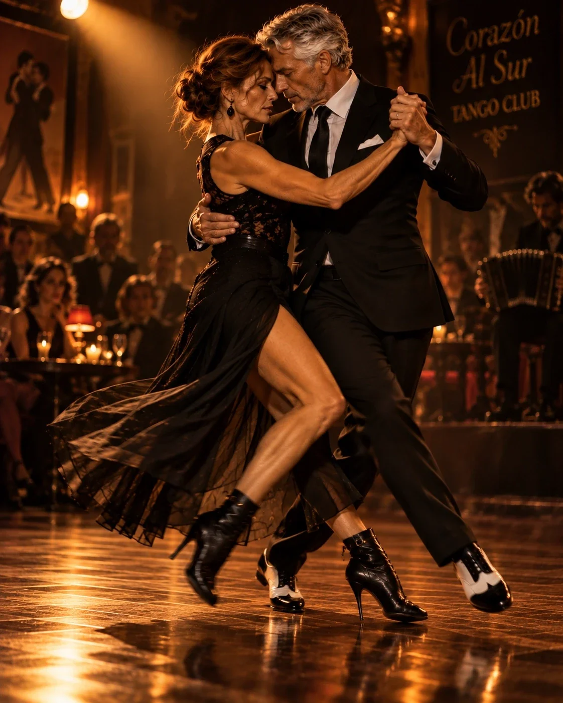 Een tangopaar danst de Traspié, met snelle ritmische voetwisselingen en gekruiste benen, innig omhelsd op een warme dansvloer.