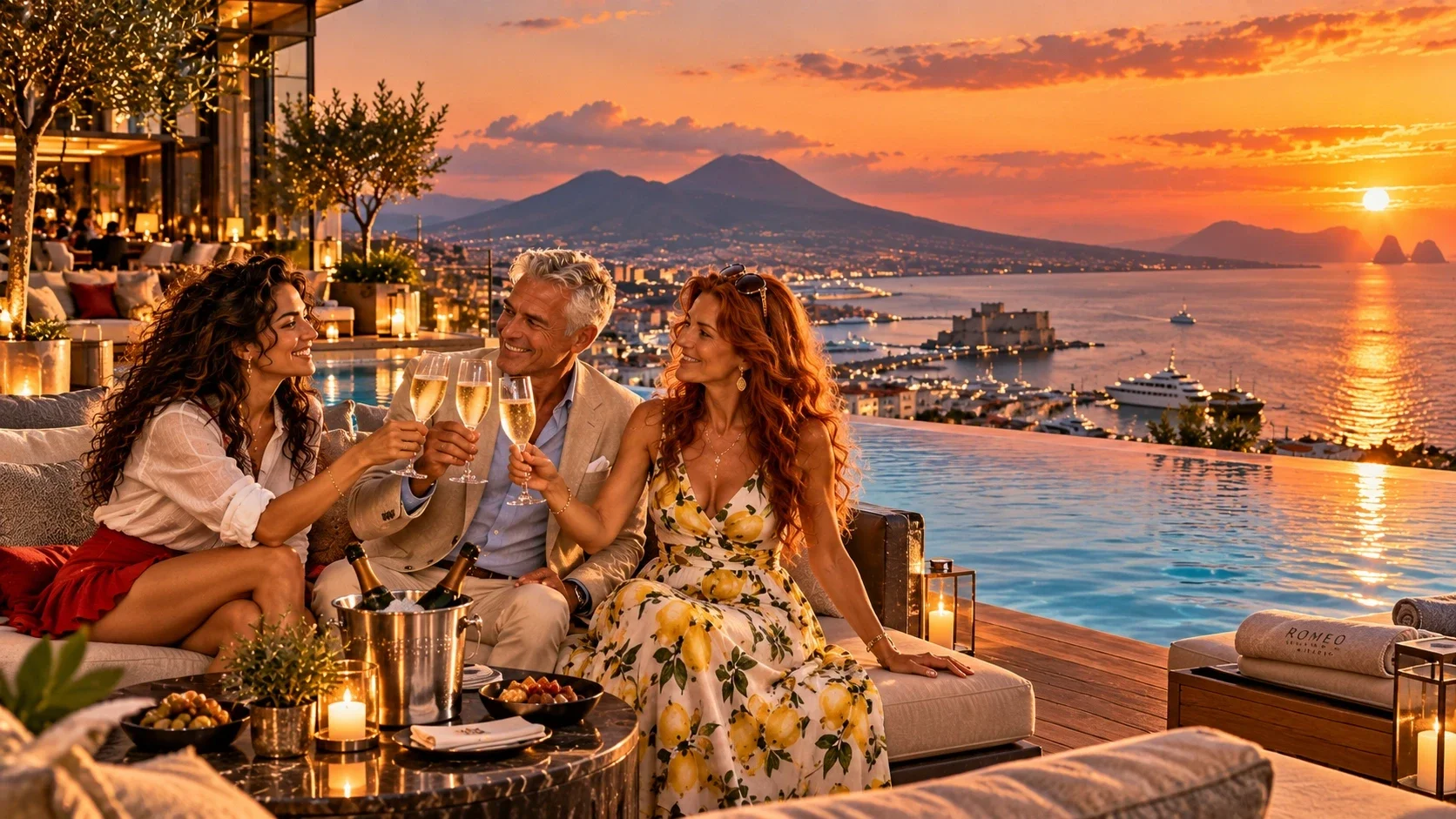 Een man en twee vrouwen klinken met champagne bij een infinitypool, terwijl de zon ondergaat boven de baai van Napels en de Vesuvius.