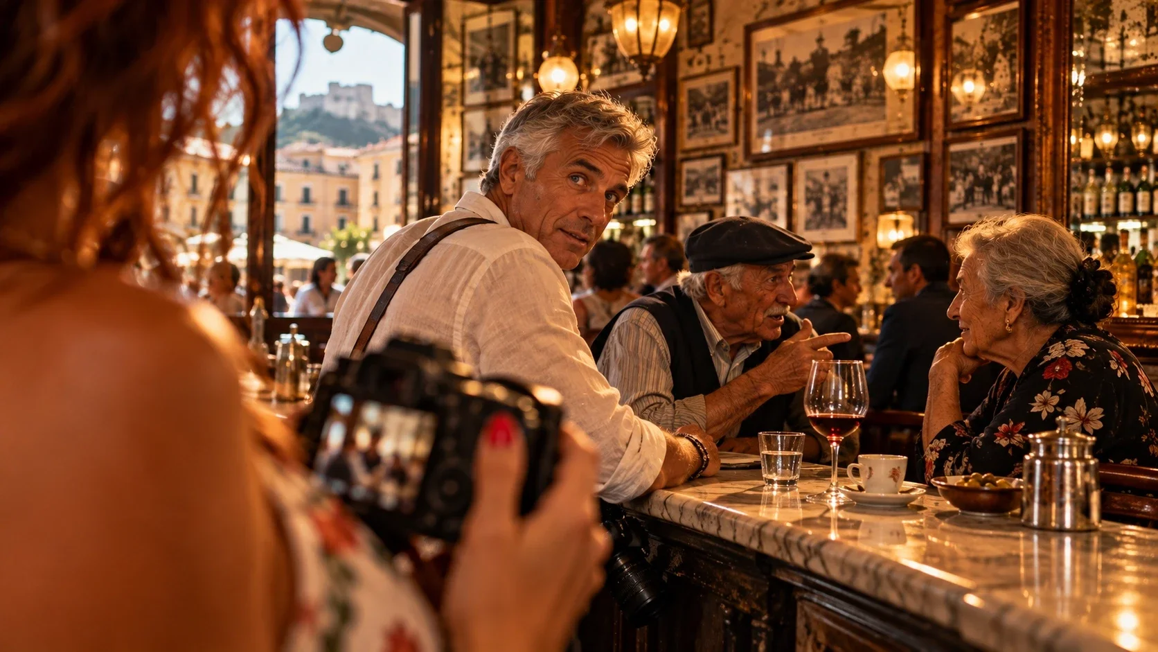 Een grijsharige man kijkt verrast naar een fotografe, terwijl twee oudere mannen aan de toog van een Italiaans café verder praten.