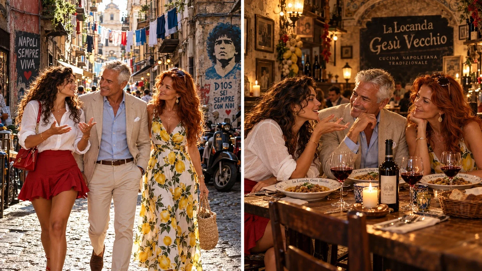 Een fotocollage toont een man met twee vrouwen tijdens een wandeling door de kleurrijke straten van Napels en een gezellig Italiaans diner.
