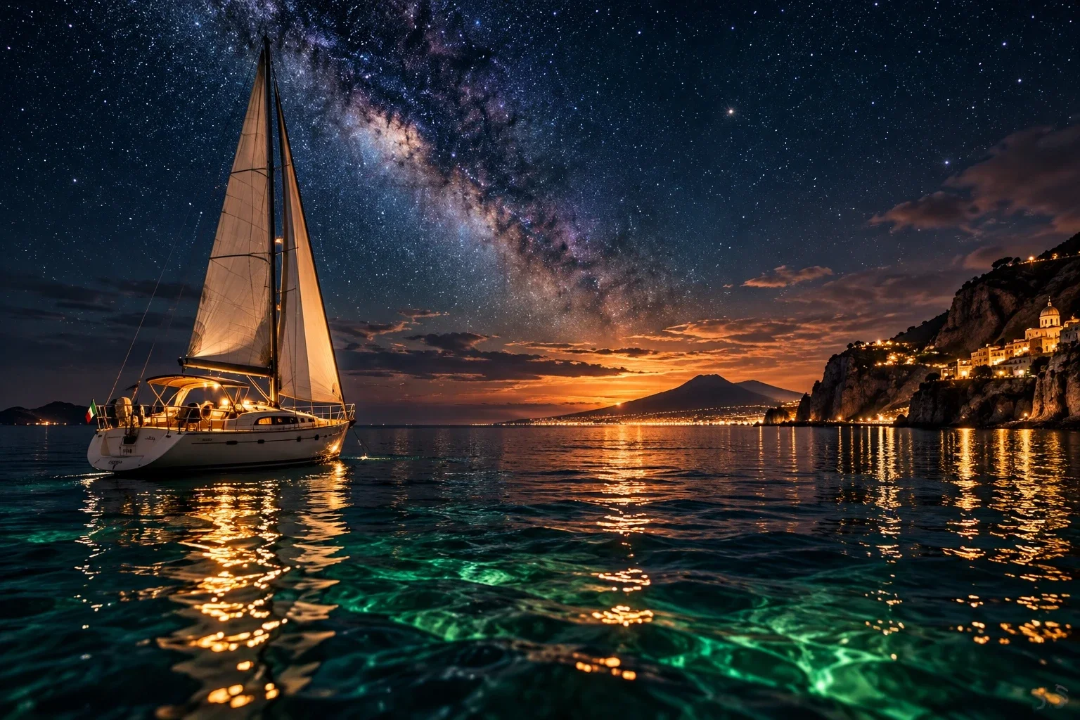 Een verlicht zeiljacht op de Tyrreense Zee onder een schitterende Melkweg, met de ondergaande zon en de Italiaanse kust aan de horizon.