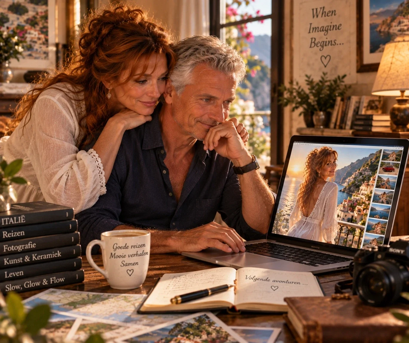 Een roodharige vrouw en een grijsharige man bekijken samen hun reisfoto's op een laptop, omringd door boeken en herinneringen.