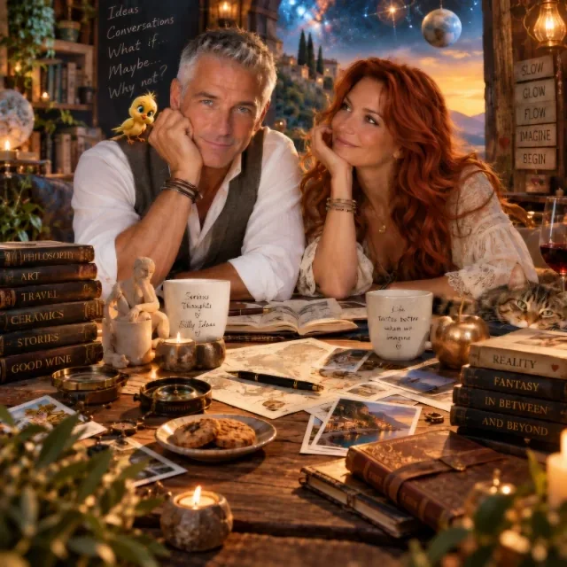Marco en Angélique zitten glimlachend tegenover elkaar aan een houten tafel vol boeken, foto's en schrijfmateriaal. Omringd door kaarslicht, filosofische gedachten en persoonlijke herinneringen kijken ze elkaar liefdevol aan. Een geel vogeltje en een slap