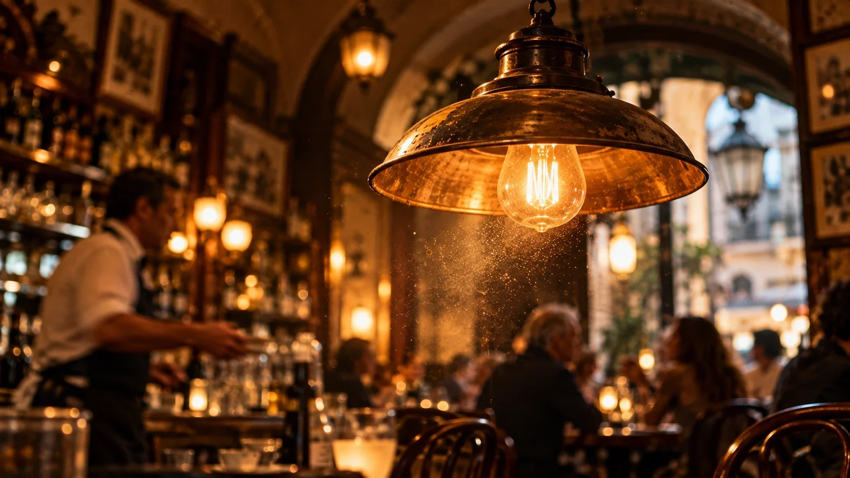 Een grote koperen hanglamp verlicht het sfeervolle interieur van een Italiaans café, waar bezoekers bij warm licht samenkomen.