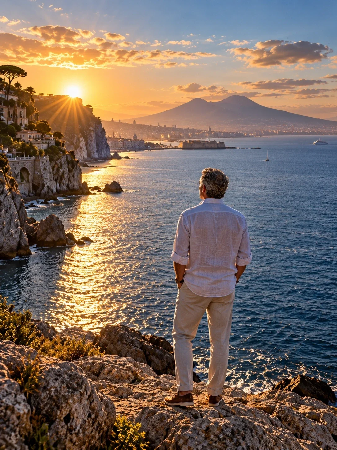 Een grijsharige man staat op een rotsachtige klif en kijkt bij zonsondergang uit over de Golf van Napels, met de Vesuvius aan de horizon.