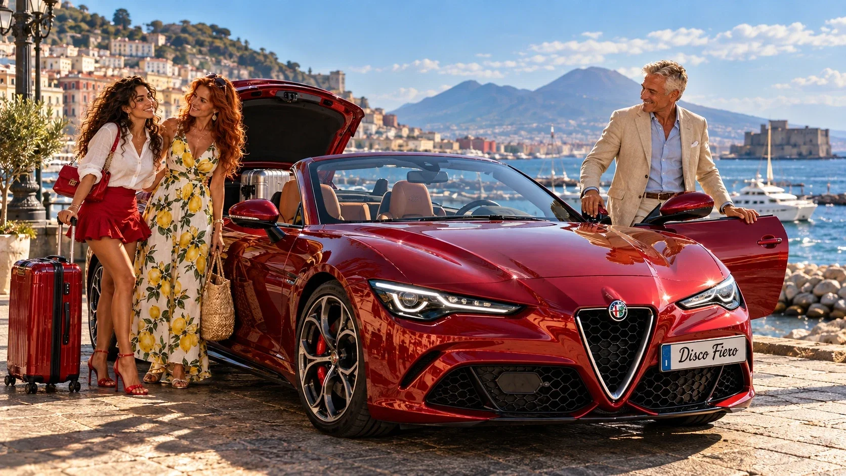 Een man en twee vrouwen staan bij een rode cabriolet met open kofferbak aan de haven van Napels, met de Vesuvius op de achtergrond.