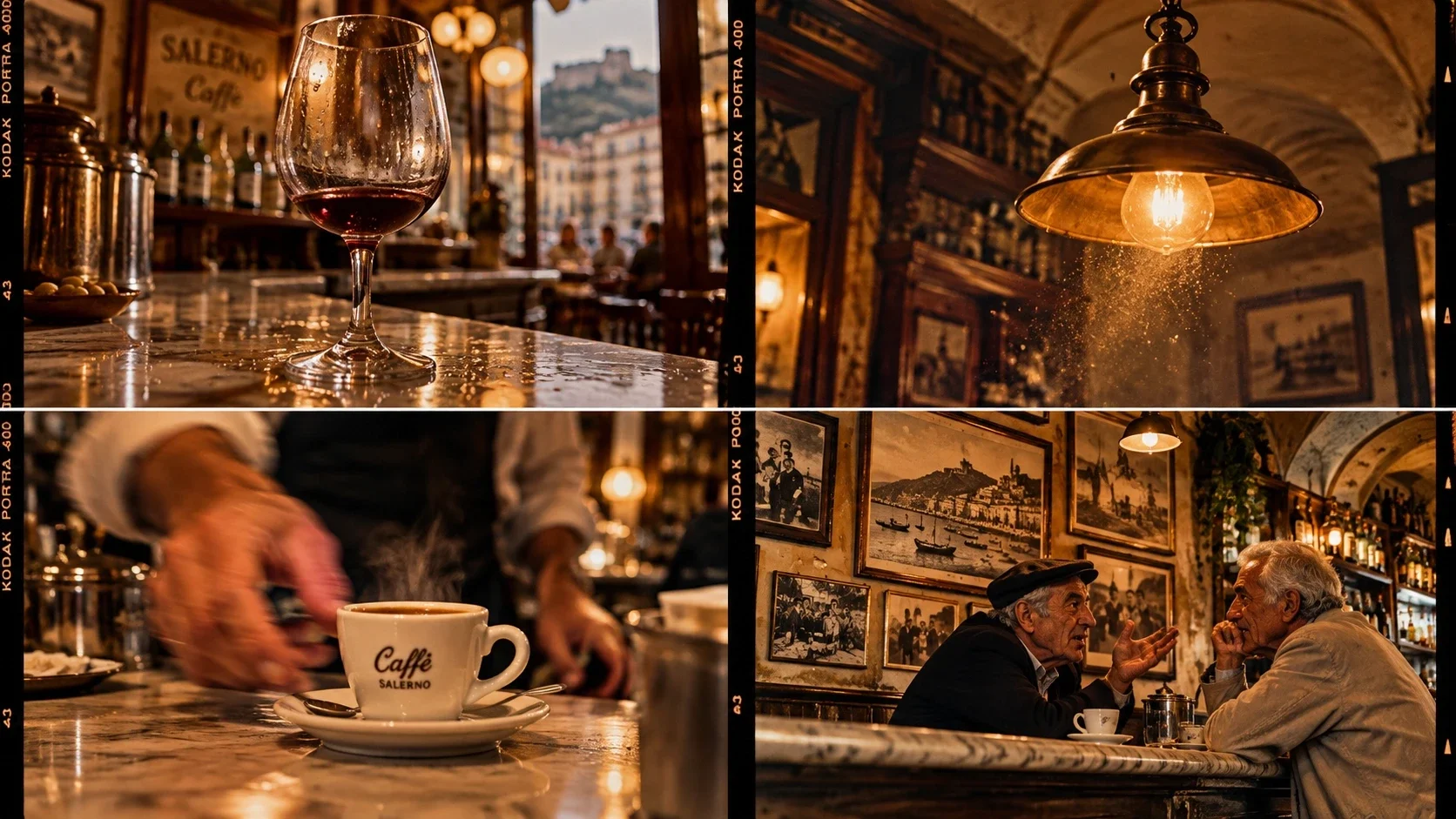 Een fotocollage toont een glas rode wijn, een warme hanglamp, een vers kopje espresso en twee oudere mannen in gesprek in een Italiaans café.