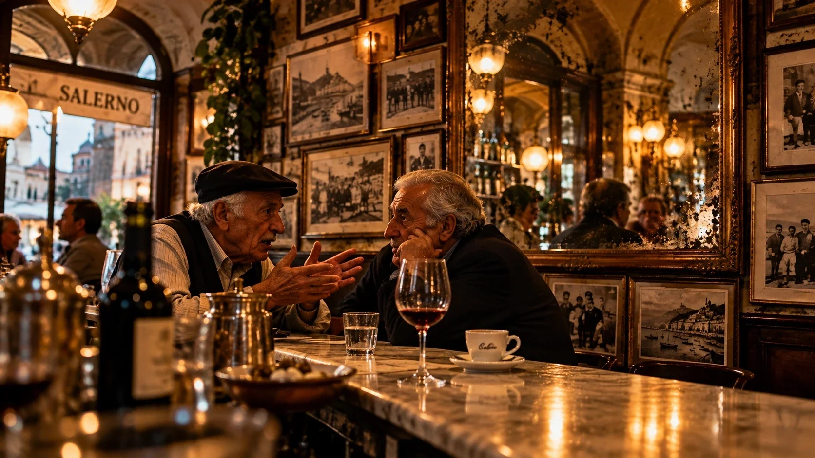 Twee oudere mannen voeren een intens gesprek aan de marmeren toog van een historisch Italiaans café, omringd door foto's en spiegels.