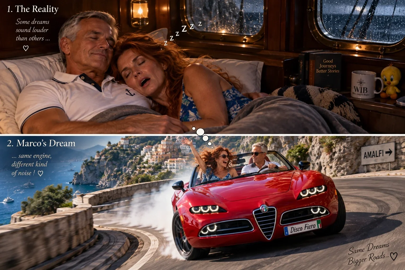 Een fotocollage toont een slapend koppel in een zeiljacht en hun droom van een avontuurlijke rit in een rode cabriolet langs de Amalfikust.