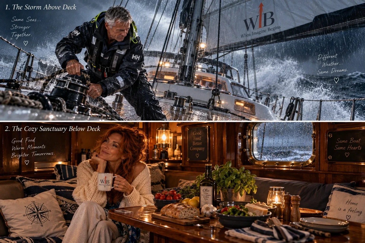 Een fotocollage toont een man die zijn zeiljacht door een storm loodst, terwijl een roodharige vrouw beneden geniet van de warme kajuit.