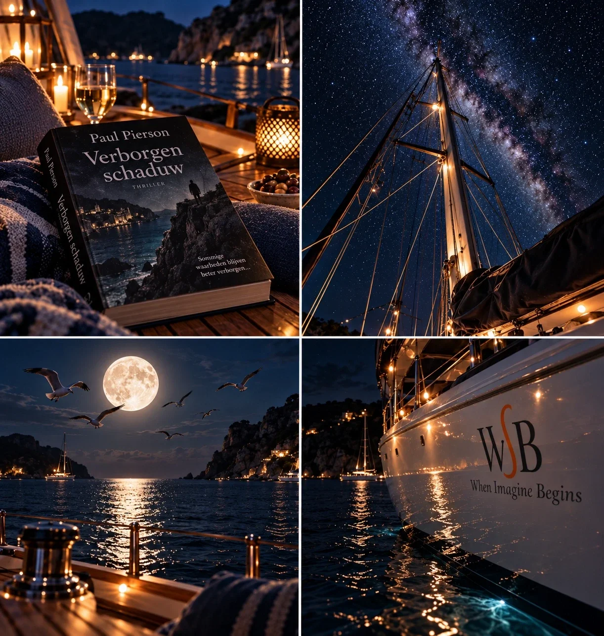 Een fotocollage van een boek op het dek, een sterrenhemel, een volle maan boven zee en een sfeervol verlicht zeiljacht bij nacht.