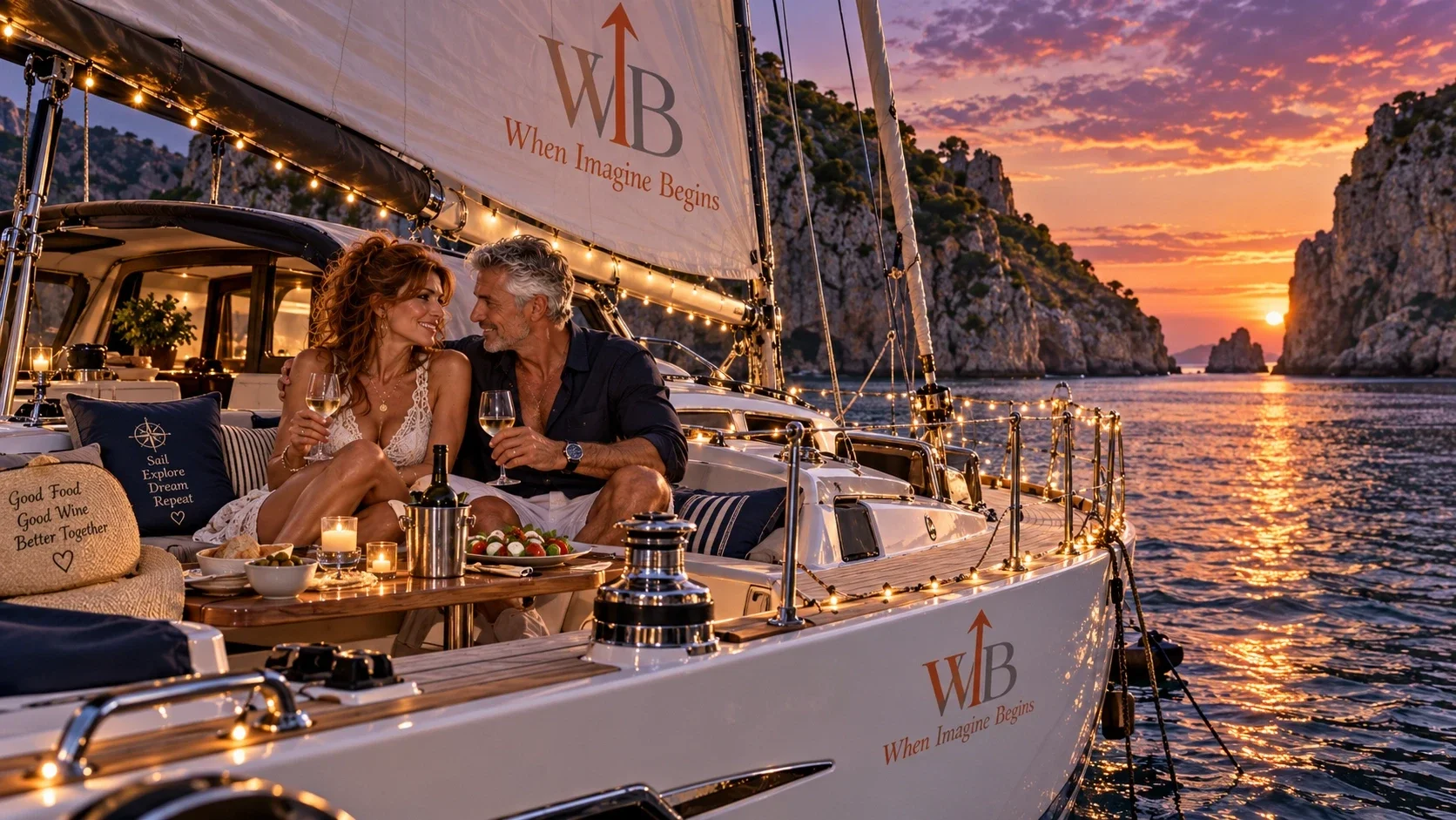 Een koppel geniet van een romantisch diner bij kaarslicht op een zeiljacht, terwijl de zon ondergaat tussen de rotsen aan zee.