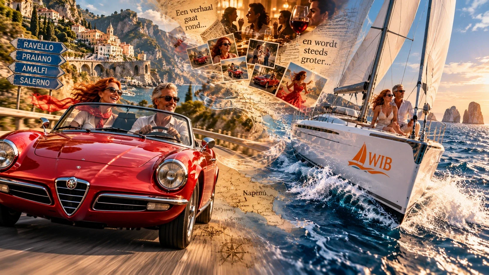 Een fantasierijke collage van Marco's rode Alfa Romeo, een luxueus zeiljacht en avonturen langs de Italiaanse kust. De beelden spelen met de roddels over zijn ongeloofwaardige reizen en de grens tussen fantasie en werkelijkheid.