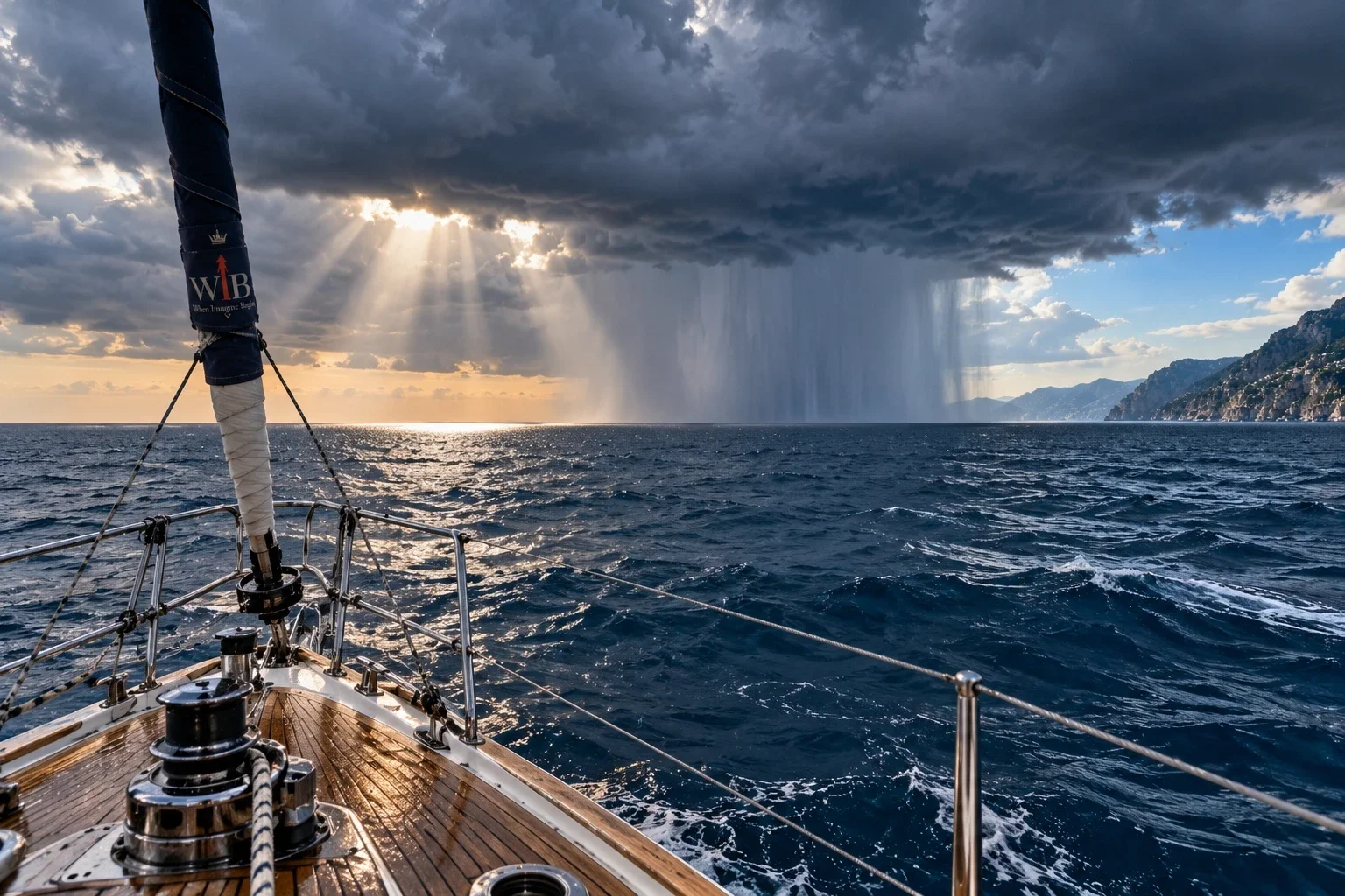 Vanaf het dek van een zeiljacht is een indrukwekkende onweersbui zichtbaar, met donkere wolken, regen en zonnestralen boven de woelige zee.