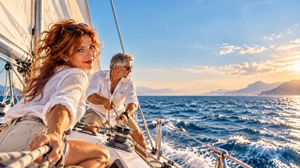 Een roodharige vrouw en een grijsharige man genieten samen aan boord van een zeiljacht dat door de golven langs de Amalfikust vaart.