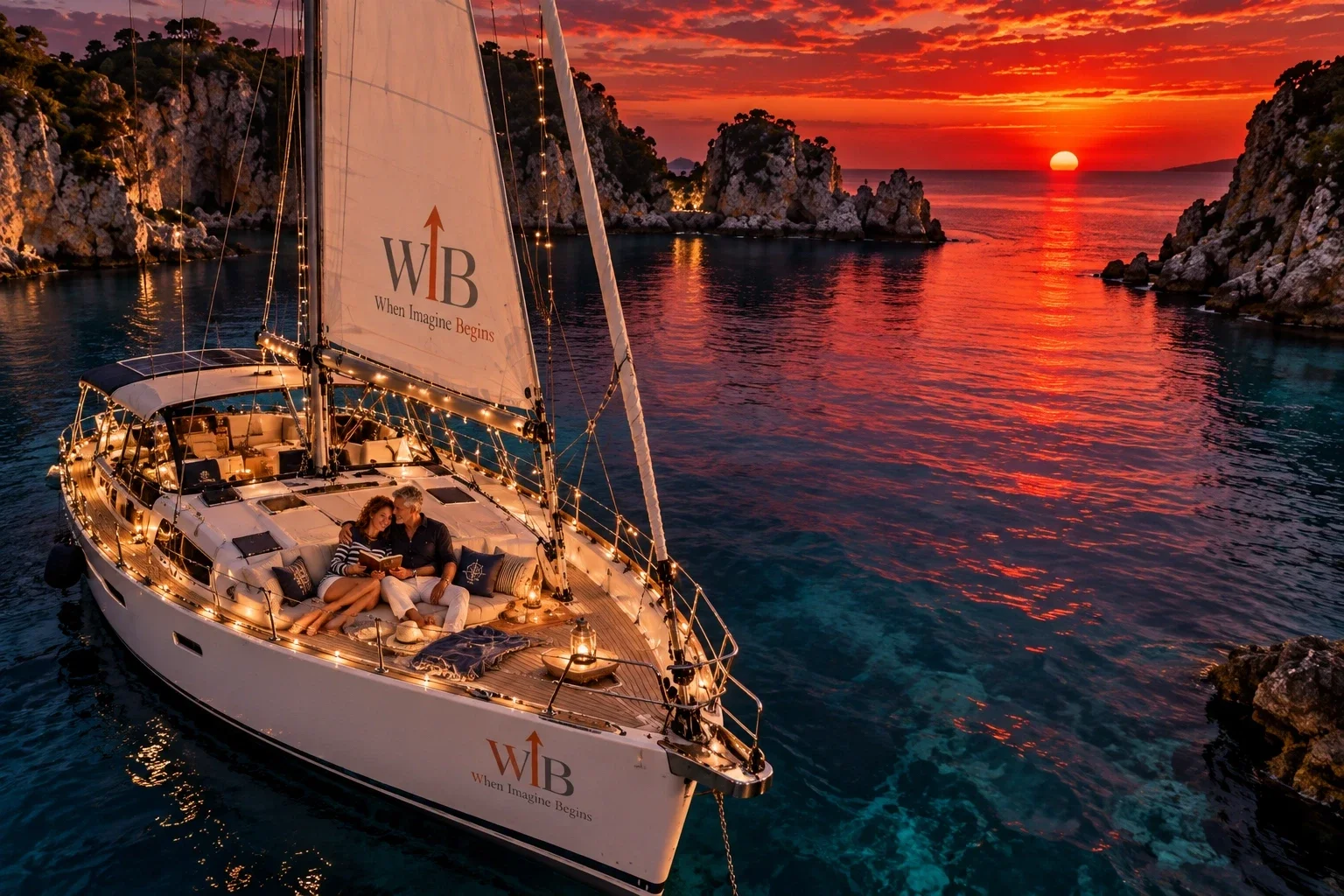 Een sfeervol verlicht zeiljacht ligt voor anker tussen hoge rotskliffen, onder een vuurrode zonsondergang die weerspiegelt in zee.
