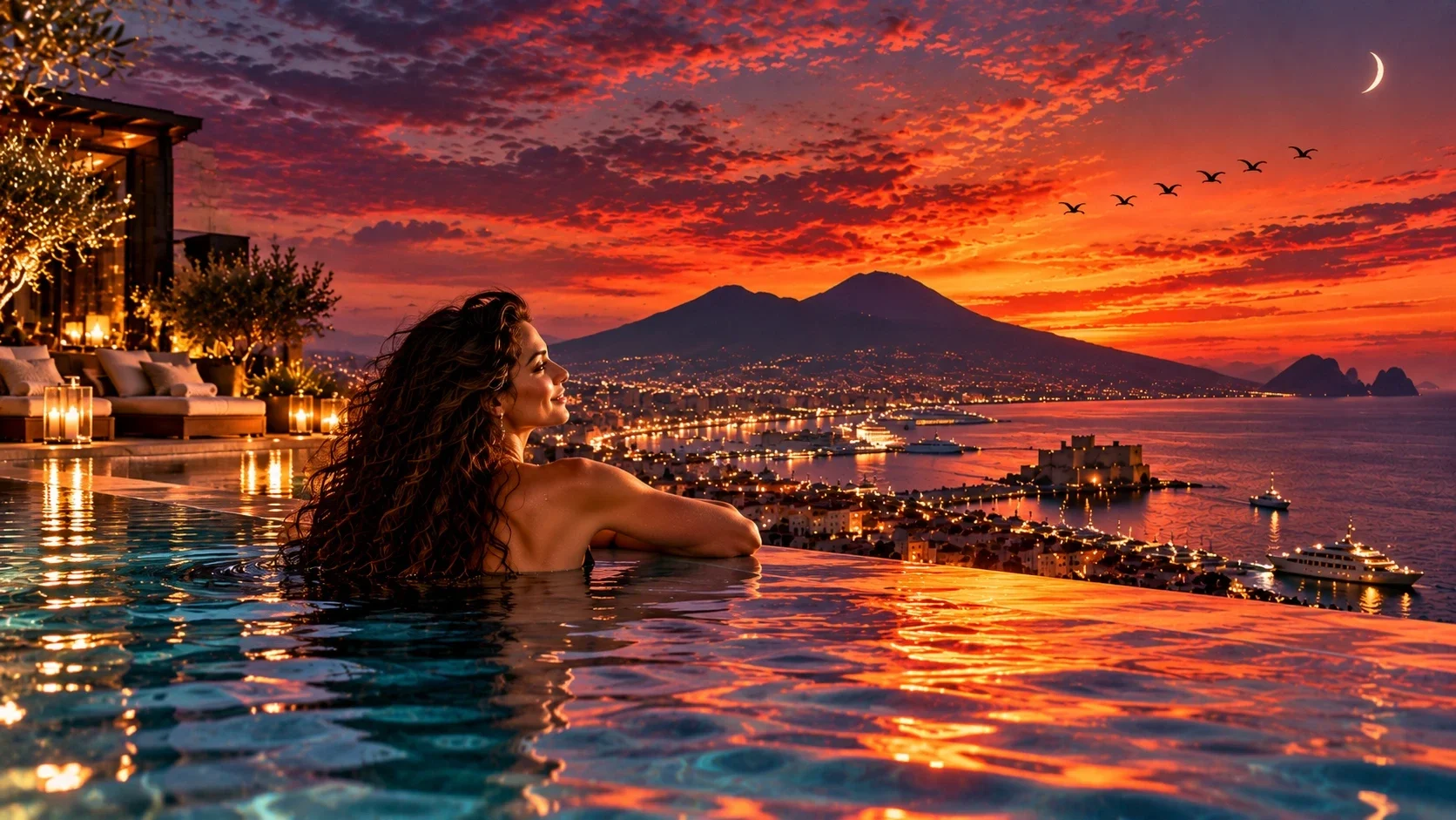 Een donkerharige vrouw geniet vanuit een infinitypool van een vuurrode zonsondergang boven Napels, met de Vesuvius aan de horizon.