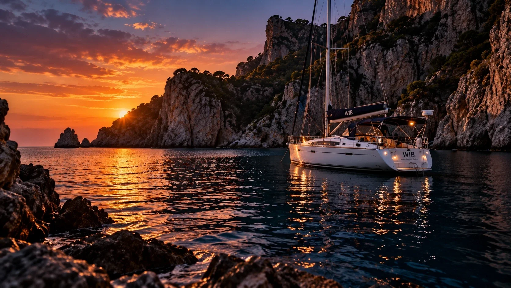 Een wit zeiljacht ligt voor anker tussen indrukwekkende rotskliffen, terwijl de ondergaande zon de stille zee goud en oranje kleurt.