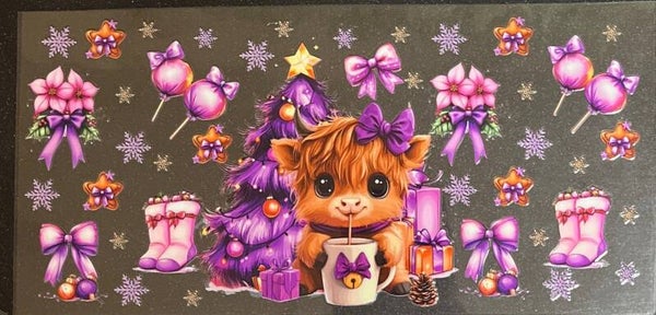Purple bow highland cow 16oz cup wrap