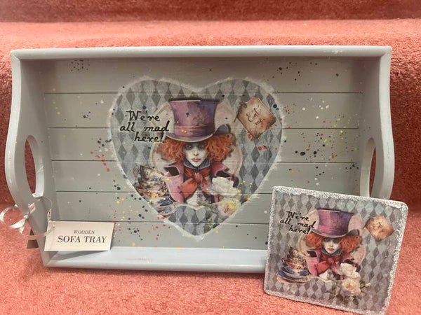 Grey Sofa Tray - Mad Hatter with 2 free coasters