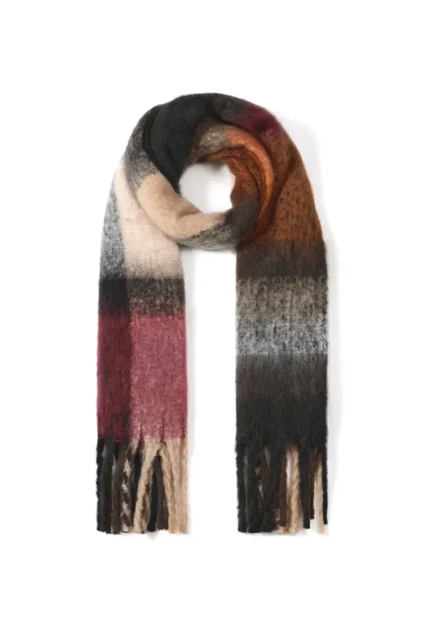 Sjaal franjes geblokt bruin/bordeau/beige