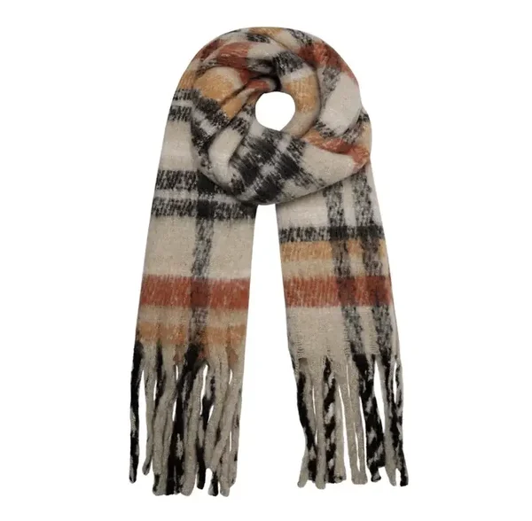 Sjaal franjes geblokt beige/oranje/zwart