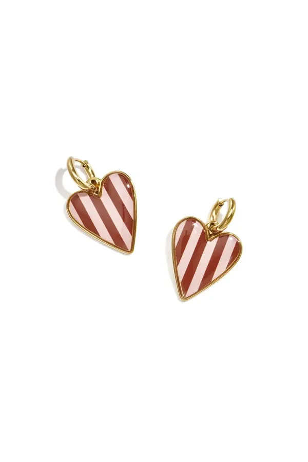 Oorbelhanger hart gestreept bordeau/roze