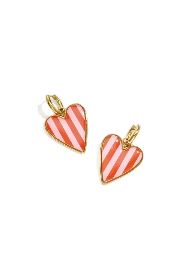 Oorbelhanger hart gestreept roze/rood