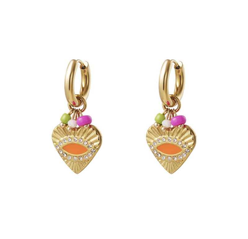 Oorbelhanger hart oranje/glitters