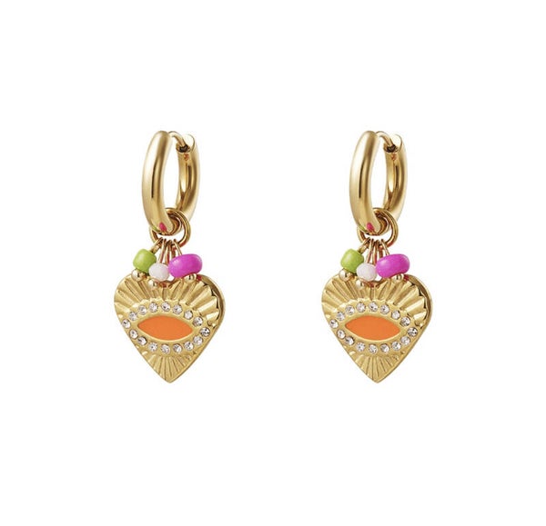Oorbelhanger hart oranje/glitters