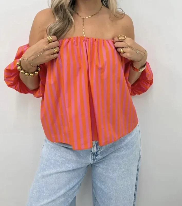 Top off shoulder roze/oranje