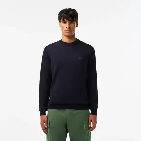 Pull  à col rond en laine mérinos unie LACOSTE- 166bluenavy