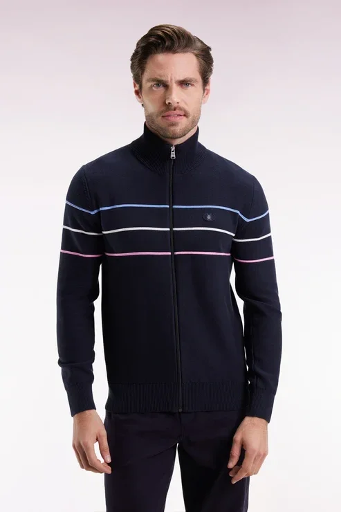 Cardigan zippé en coton marine à liserés colorés coupe droite
