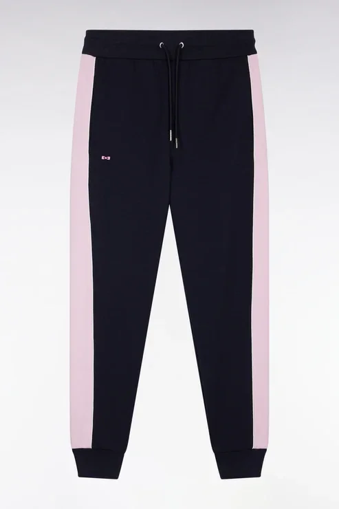 Jogging en molleton gratté marine à bandes roses coupe droite