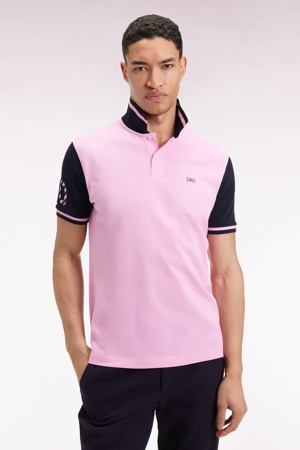 Polo bicolore à manches courtes en coton rose broderie 10