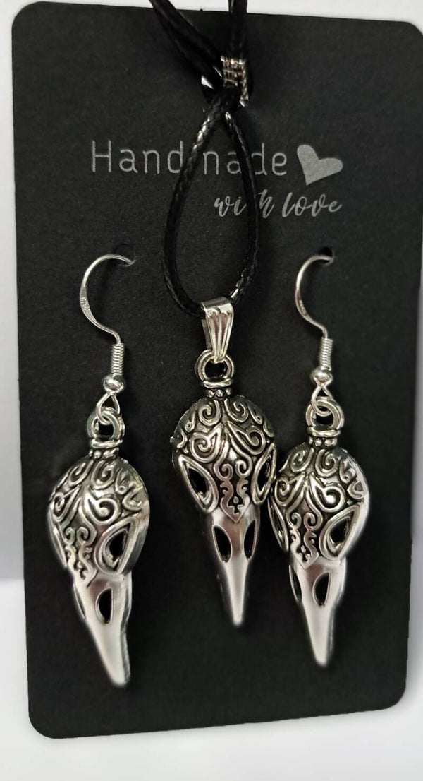 Handmade Celtic/Norse style Raven Skull drop Earrings and Pendant set