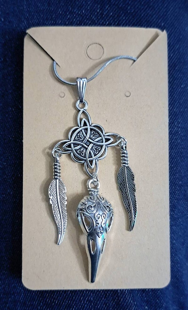 Handmade zinc alloy raven skull & feather pendant