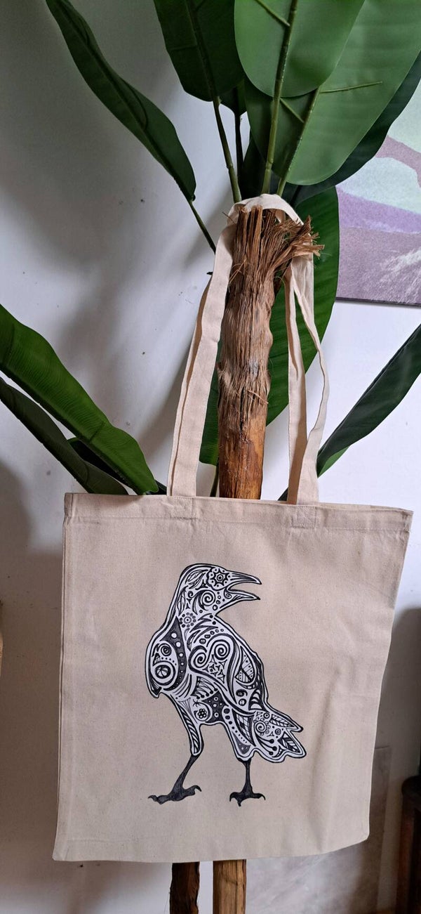 Tribal Raven Cotton Canvas Tote Bag 38x40cm