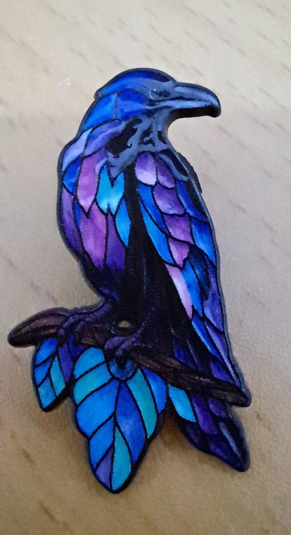 Stain Glass Effect Raven Metal Pin