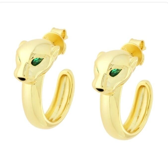 Orecchini Cerchio Leone con Pietre naturali Verde Smeraldo in Argento 925 Galvanica Oro