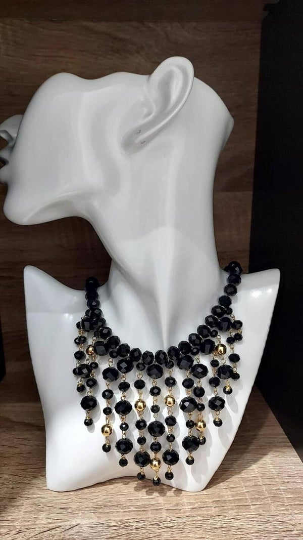 Collana "Nuit Dorée" – Cascata di Cristalli Neri e Argento 925 Placcato Oro