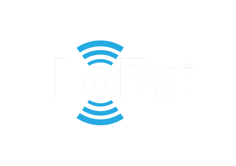 The official logo for the technology which  Enables energy-efficient data transmission over long distances, the letters "LoRa" in white, above and below the "o" are three blue bows.