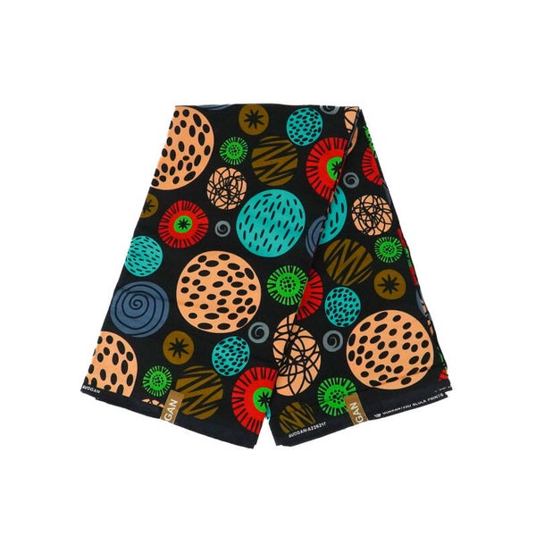 African Ankara wax fabric from Kenya - Orange, black & blue