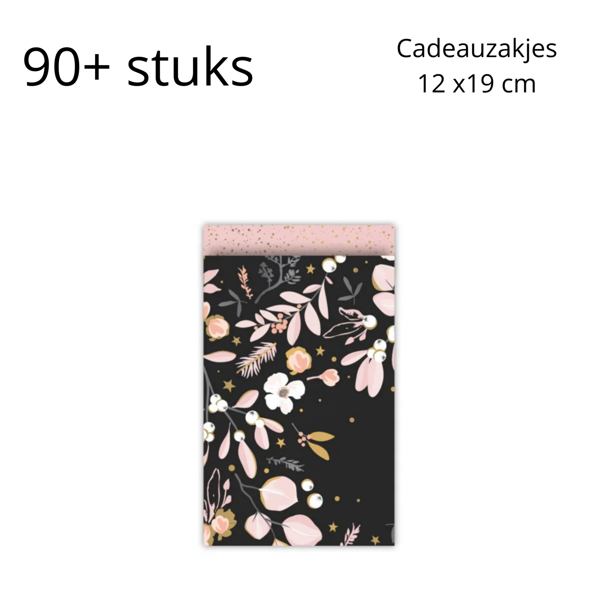 BIG SALE - Cadeauzakjes M zwart/roze bloemen - 90+ stuks