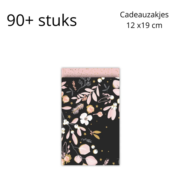 BIG SALE - Cadeauzakjes M zwart/roze bloemen - 90+ stuks