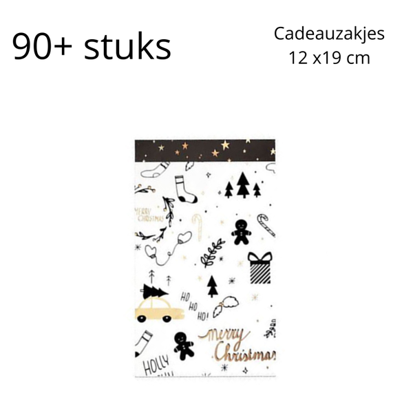 BIG SALE - Cadeauzakjes M wit/zwart kerst holly - 90+ stuks
