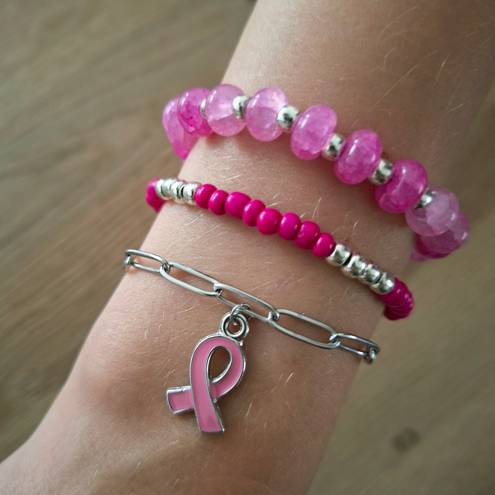 Kraalzinnig set armbanden - steun Pink Ribbon