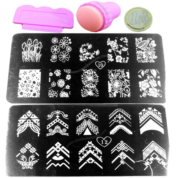 Kit Placa y Sello Para Decorar Uñas 120x60mm Nº10 - 12