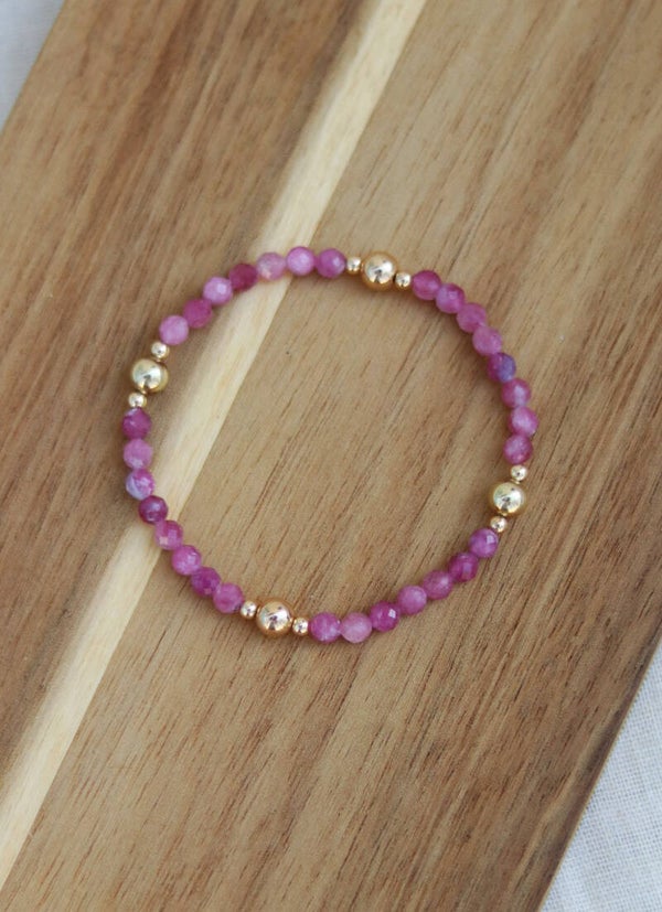 Pink Tourmaline Gold Dots Bracelet